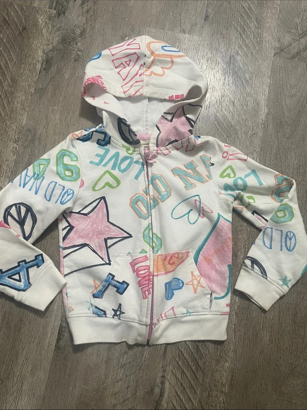 Old Navy White Hoodie with Multicolor Graffiti Motifs